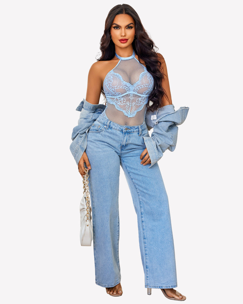 Light blue mesh halter teddy with lace details, jeans and denim jacket. Avidlove lingerie.