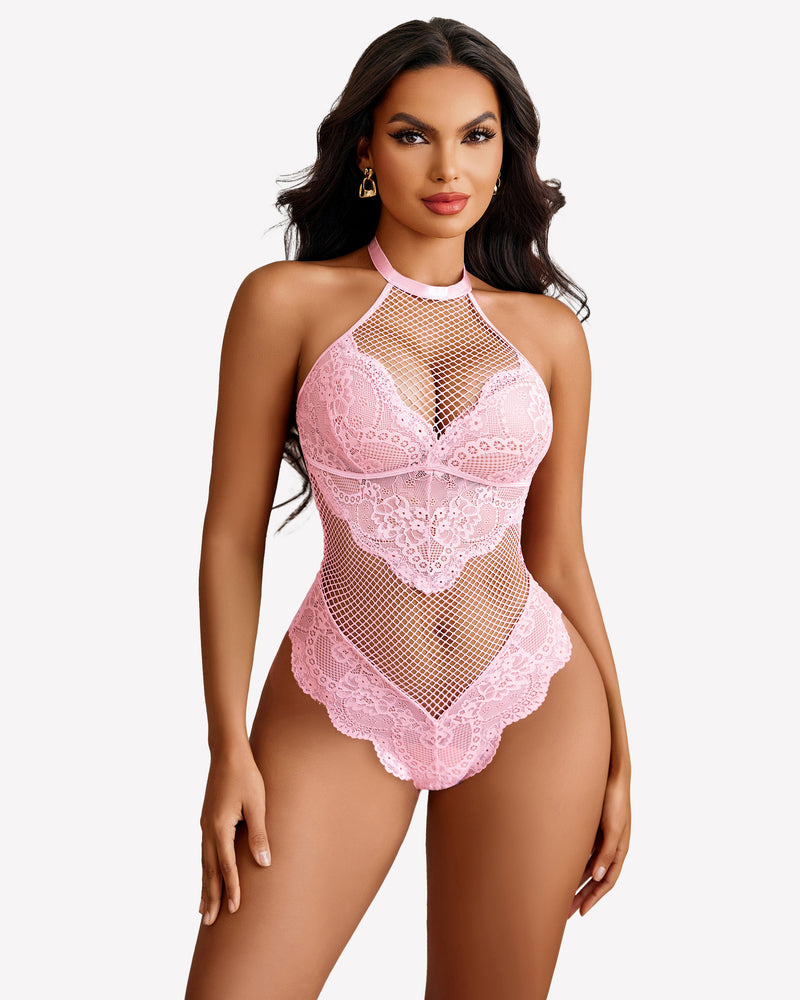 Pink mesh halter teddy with lace details. Sexy lingerie for women by Avidlove. Halter neck bodysuit.