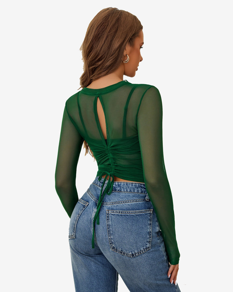 Green sheer blouse with drawstring detail, keyhole back, and jeans. Avidlove sexy lingerie style.