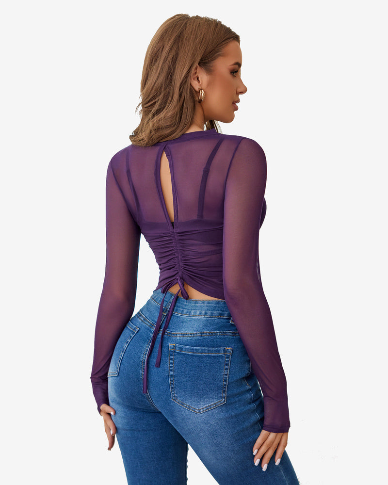Purple sheer drawstring blouse with keyhole back and jeans. Avidlove sexy lingerie style.