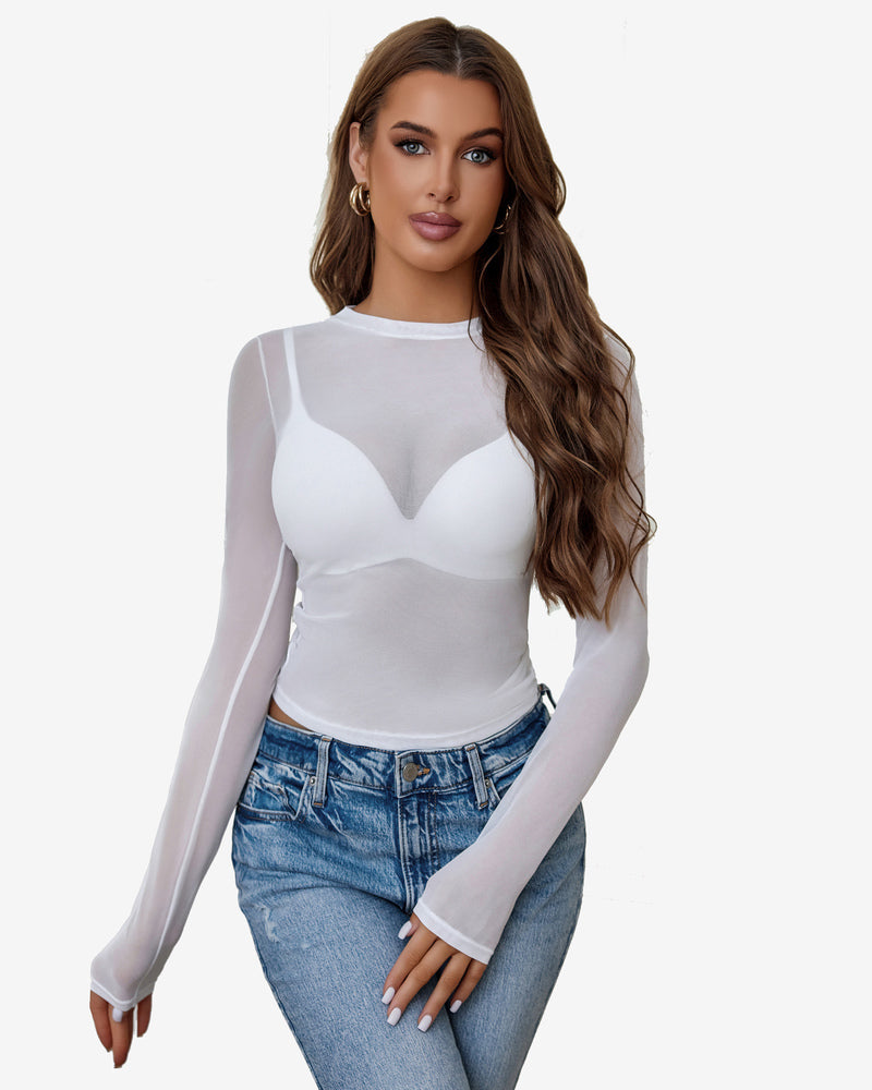 White sheer blouse with long sleeves paired with blue jeans. Avidlove sexy lingerie style.