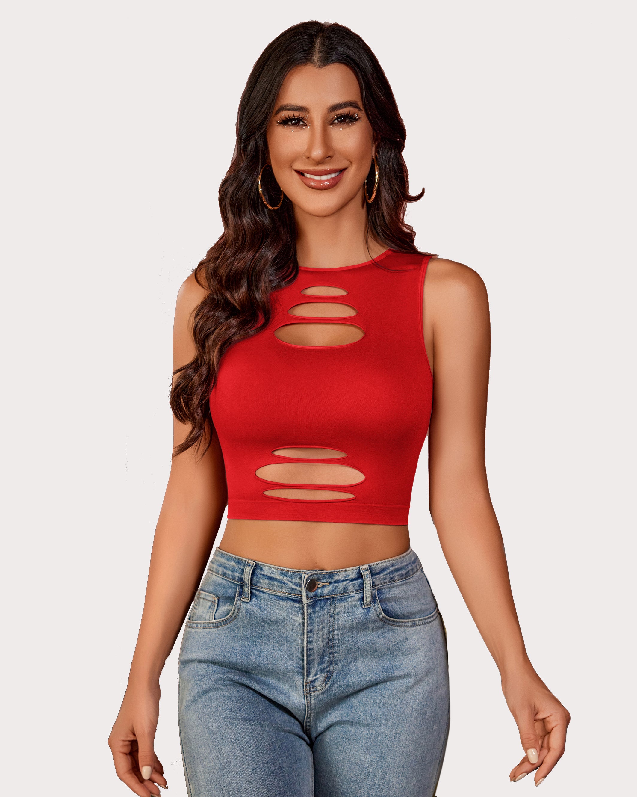 Red cut-out crop tank top with denim shorts, showing attractive curves. Fishnet crop top design.
