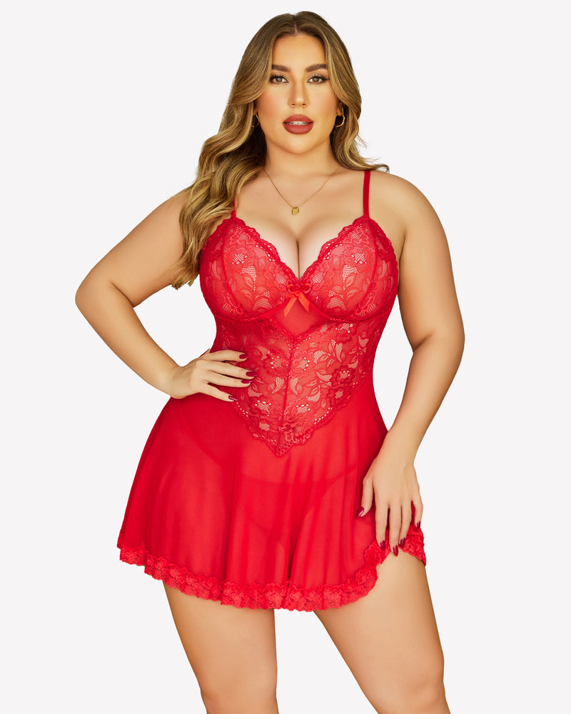 Red lace chemise nightgown with floral lace details, showing a charming figure. Sexy lingerie.