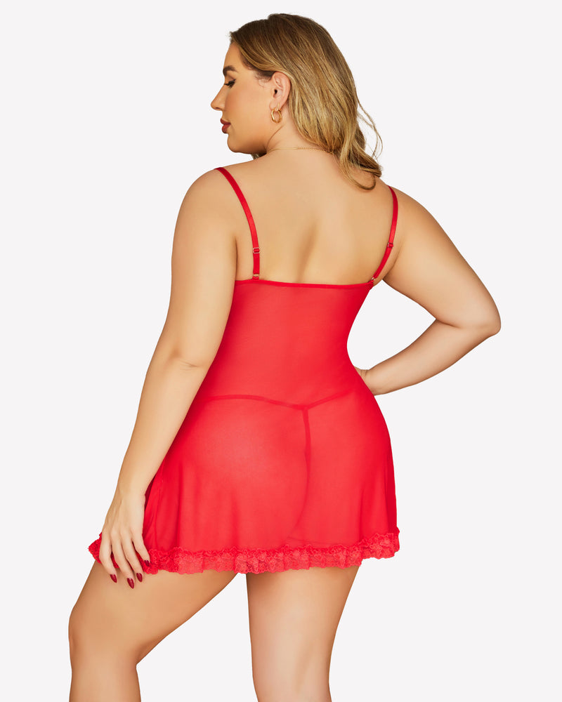 Red lace chemise nightgown, showcasing sheer mesh and floral lace, designed for comfort and style.