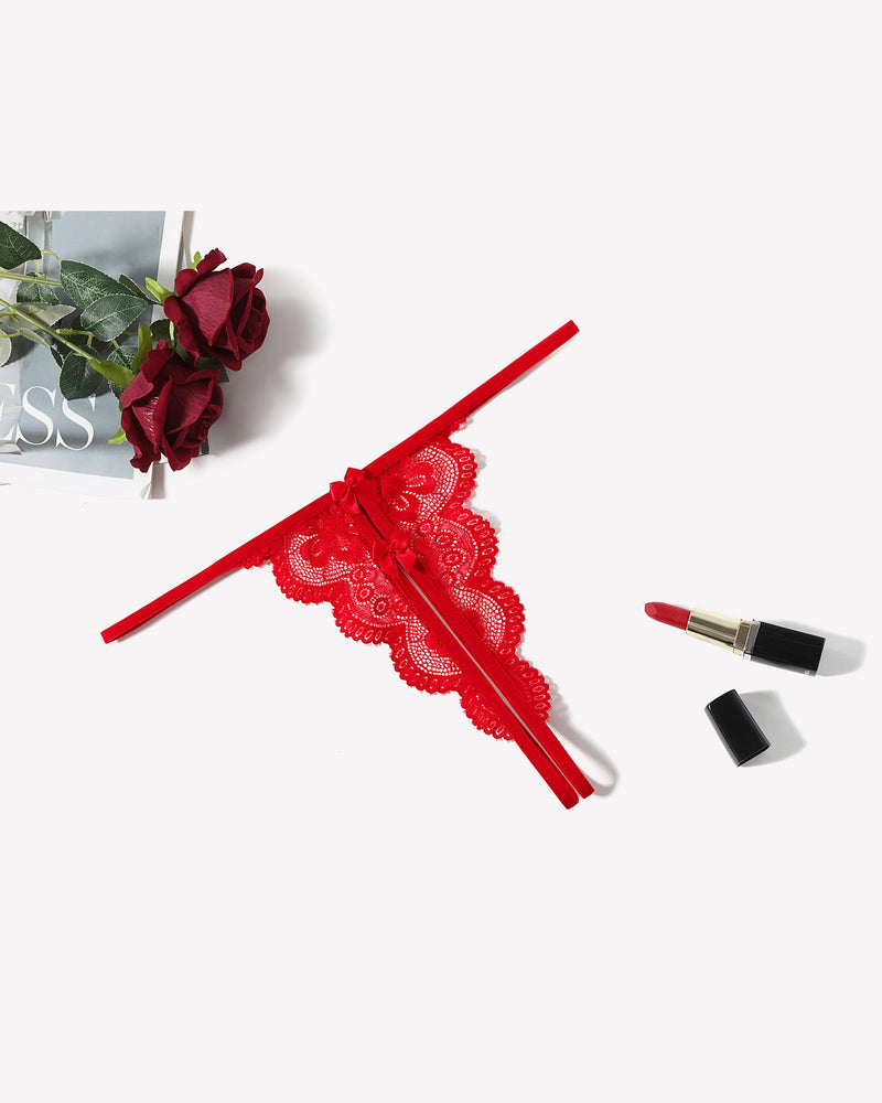 Red lace thong panty, butterfly design, low-rise, bow detail, sexy lingerie, Avidlove