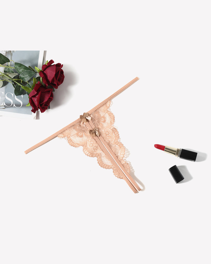 Nude lace thong panty, low-rise, butterfly design, bow detail, sexy lingerie, Avidlove collection
