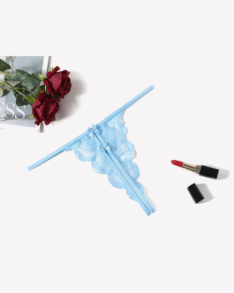 Light blue lace thong panty with bow details, low-rise design, perfect for Avidlove's collection