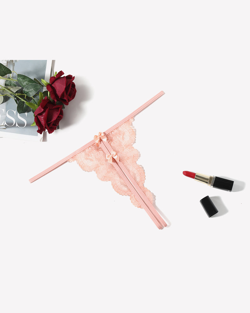 Peach lace thong panty, low-rise, bow detail, sexy lingerie, Avidlove collection.