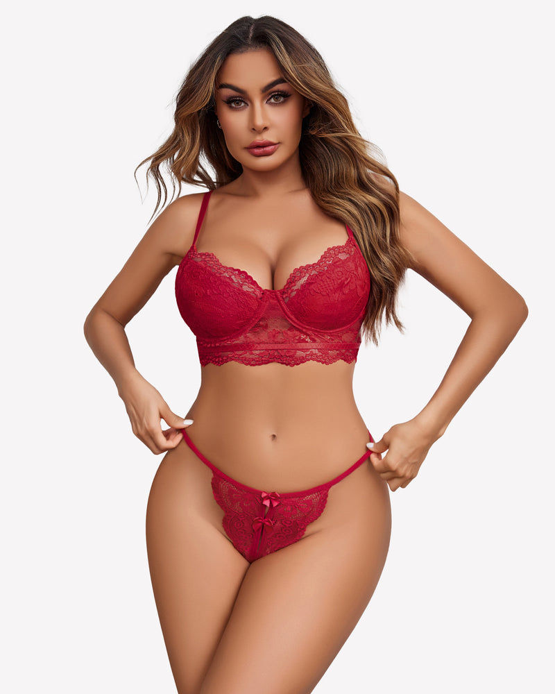 Red lace thong and bra lingerie set, butterfly design, sexy and elegant, for Avidlove.