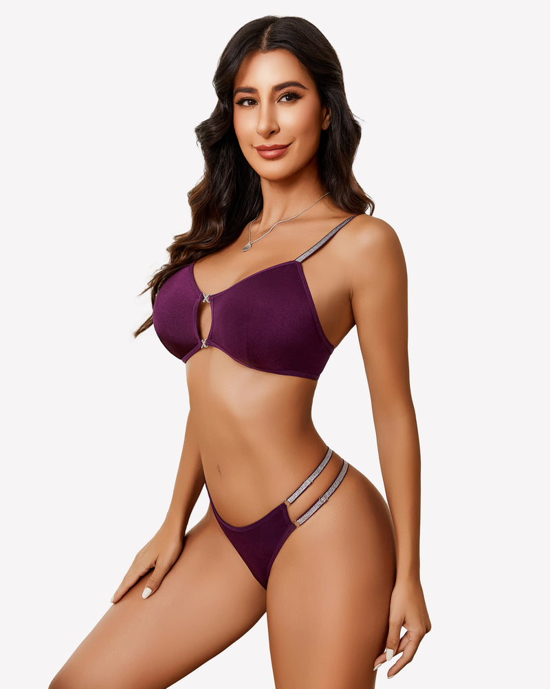 Plum cut-out bra and panty set with rhinestone straps. Sexy lingerie for women, boosts confidence