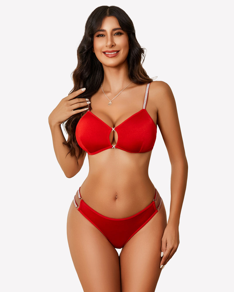 Red push-up cut-out bra and panty set with sparkling straps. Confidence-boosting lingerie.