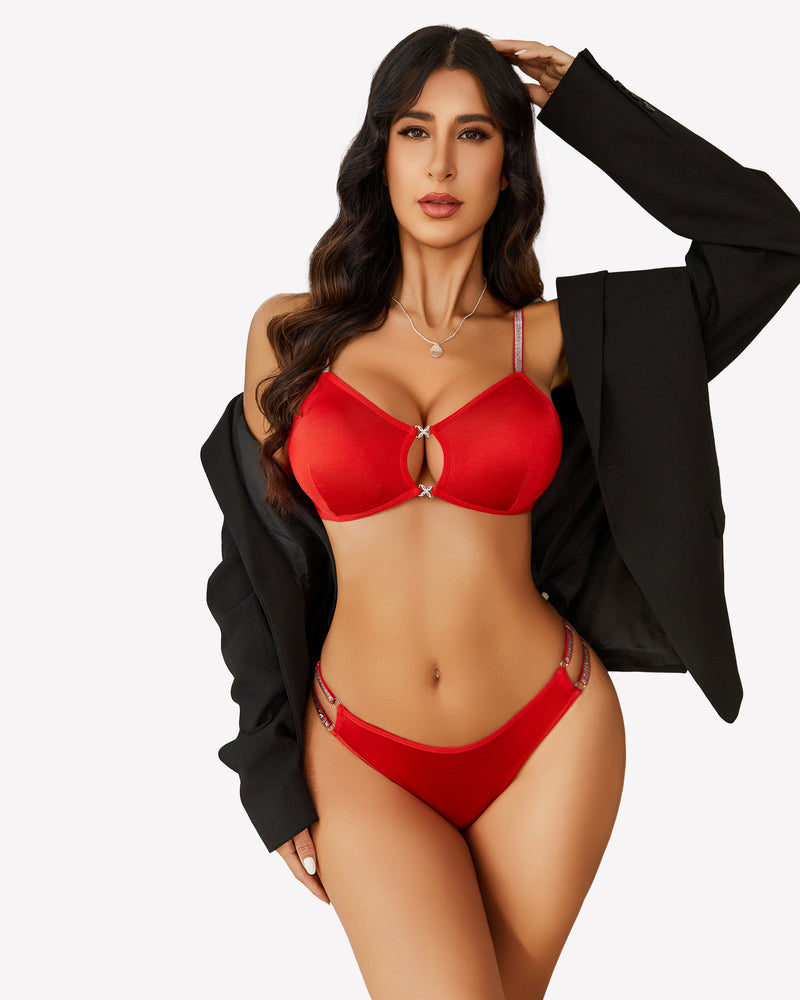 Red cut-out bra and panty set with shiny straps for women, confidence booster lingerie