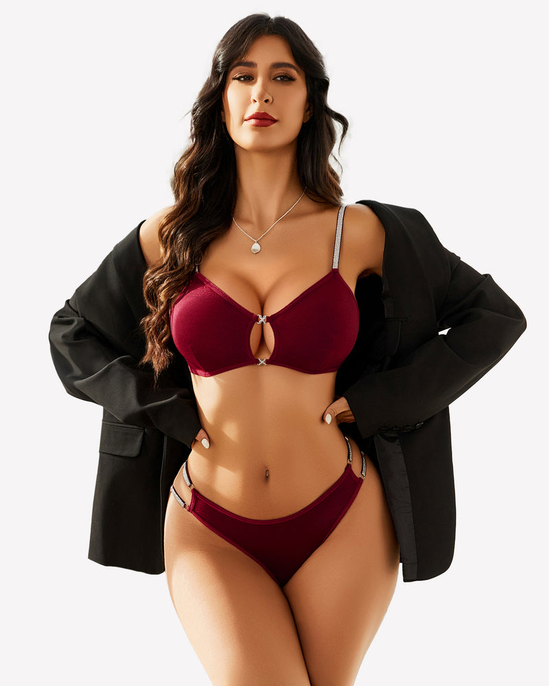 Burgundy cut-out bra and panty set, rhinestone straps. Confidence booster lingerie for women.