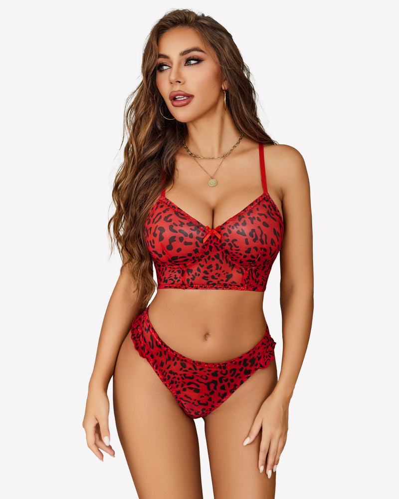 Red leopard print mesh bralette and panty set with adjustable straps and high-cut design