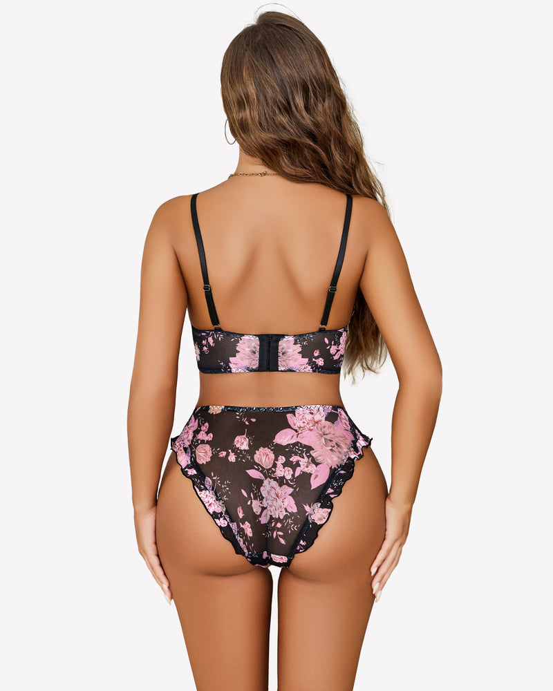 Black mesh floral lingerie set with adjustable straps and high-cut design.