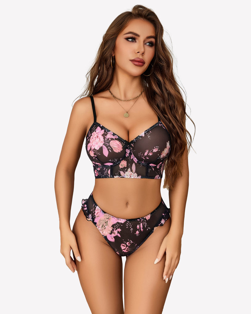 Black mesh floral lingerie set with adjustable straps and high-cut design