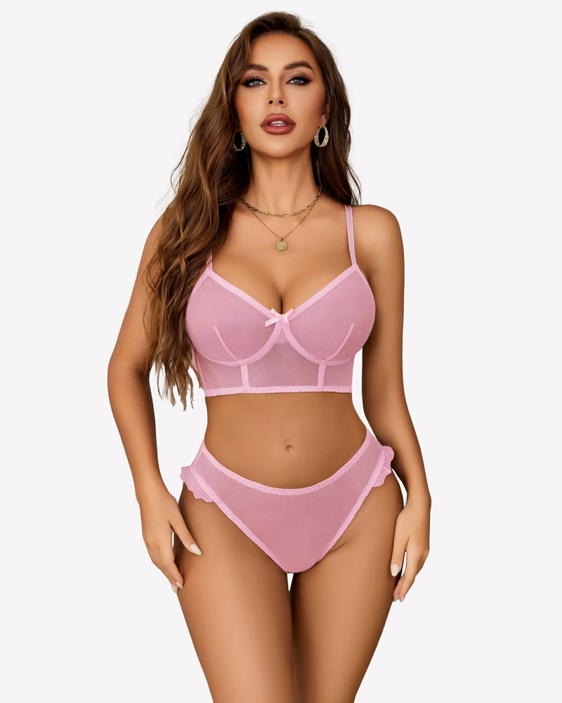 Pink mesh lingerie set with adjustable straps and high-cut design for romantic nights.