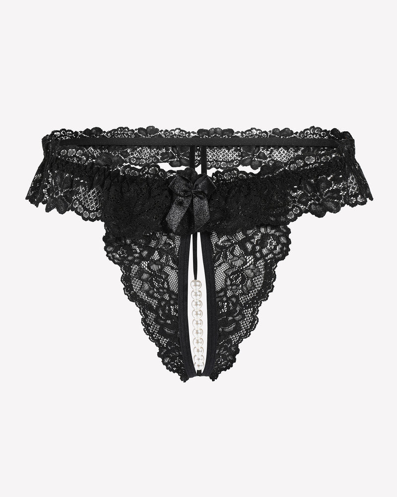 Black lace thong with pearls. Sexy lingerie with soft lace and comfortable design for women.