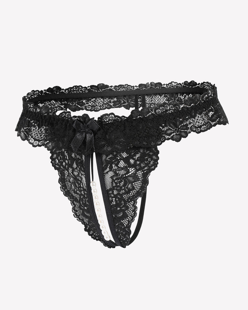 Black lace thong with pearl details. Sexy low waist lingerie with soft lace and comfortable design.