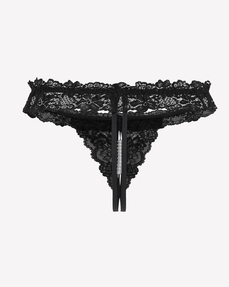 Black lace thong with pearl ball. Sexy low waist lingerie with soft lace and comfortable design.