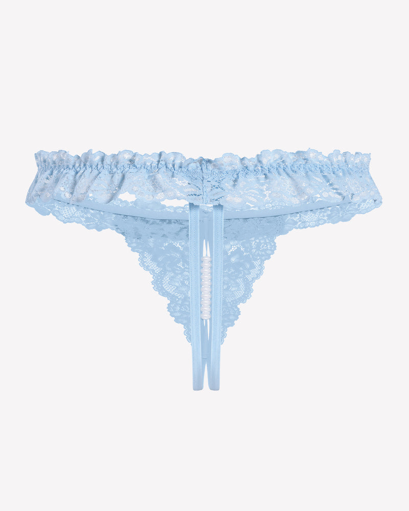 Blue lace thong with pearl ball. Sexy low waist lingerie with soft lace.