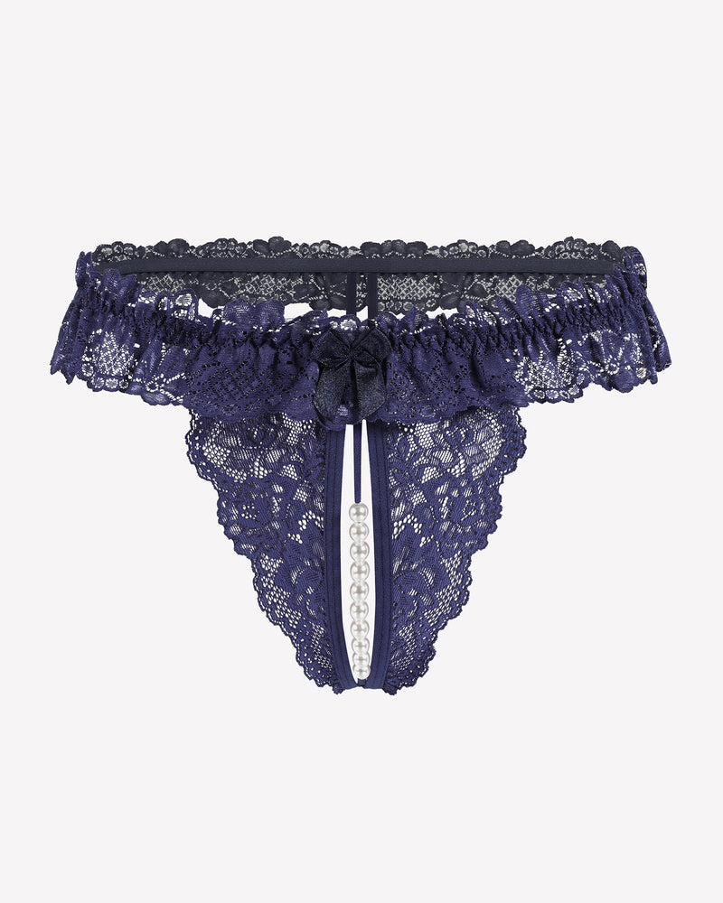 Navy blue lace thong with pearl accents, low waist design, sensual lingerie, comfortable and sexy.