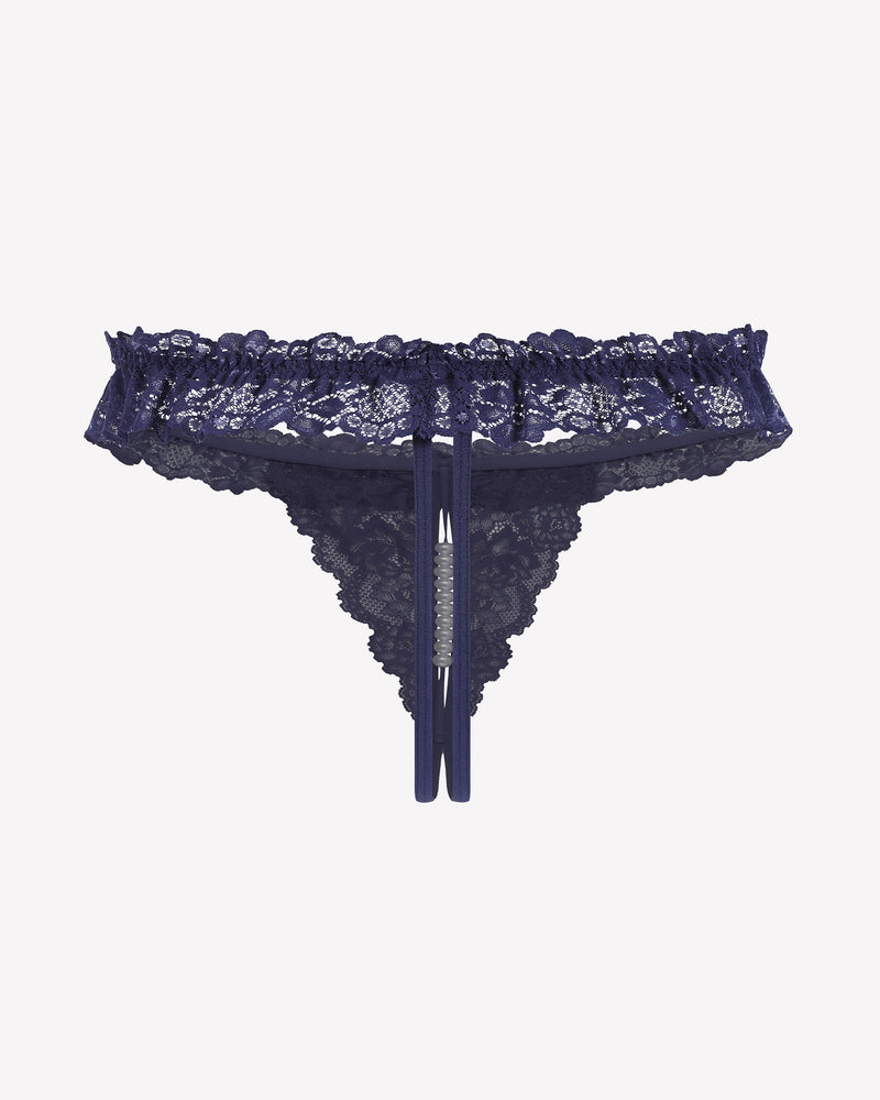 Navy blue lace thong with pearl ball, soft lace and comfortable low waist lingerie