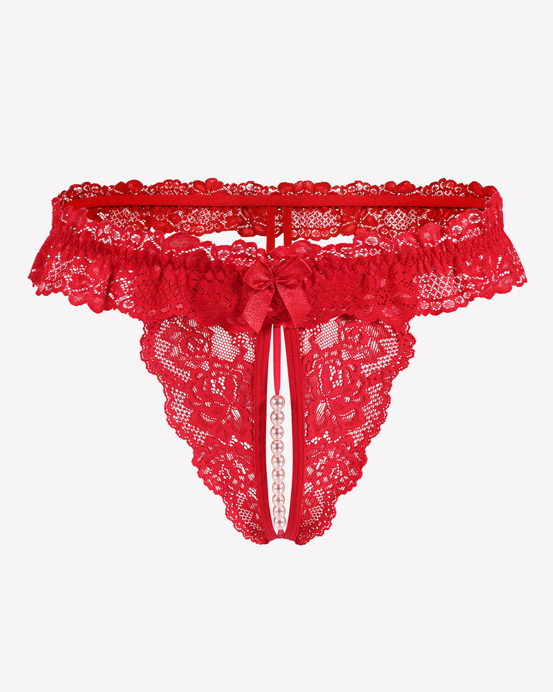 Red lace thong with pearl accents, low waist design, sensual lingerie, comfortable and sexy.