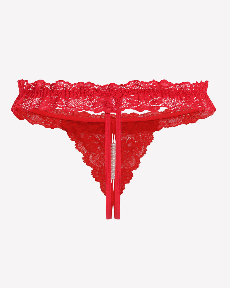 Red lace thong with pearl ball, low waist lingerie with soft lace and comfortable design for women