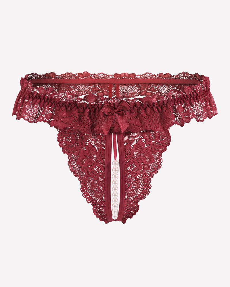Burgundy lace thong with pearl accents, low waist design, sensual lingerie