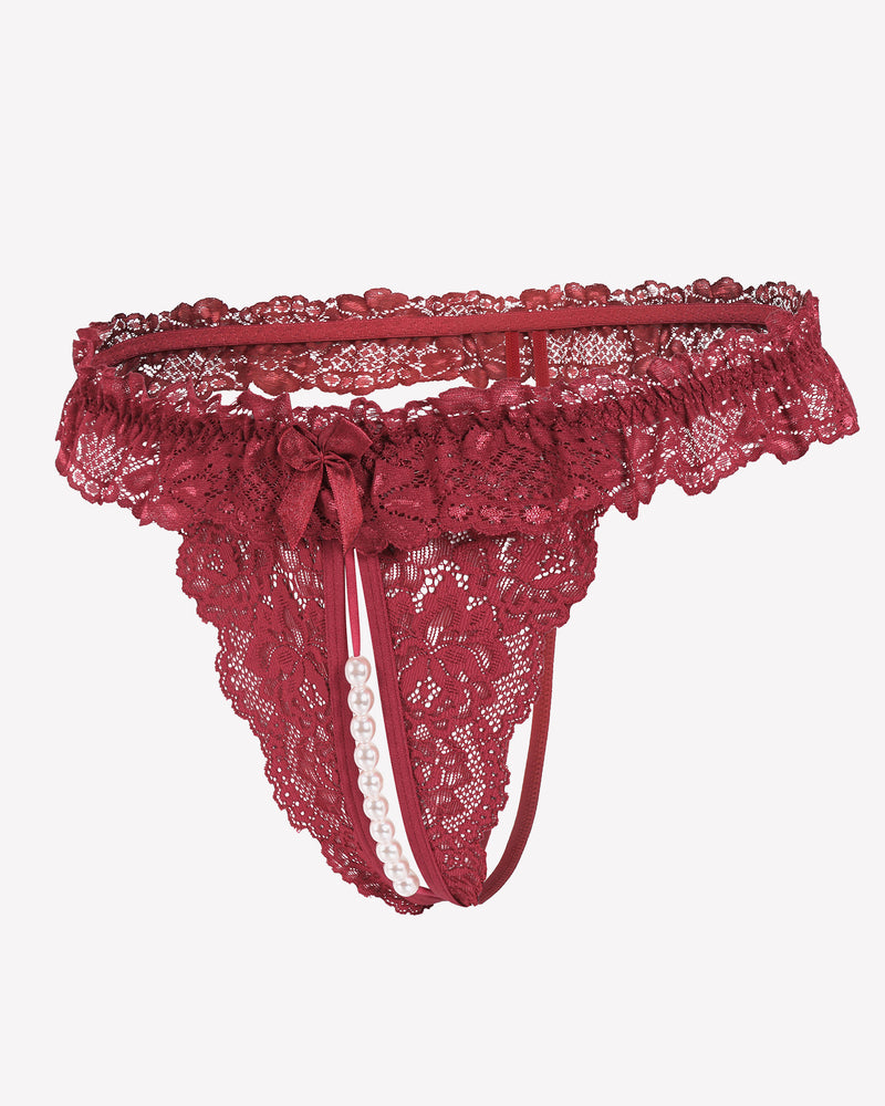Burgundy lace thong with pearl accents, low waist design, sensual lingerie, comfortable and sexy.