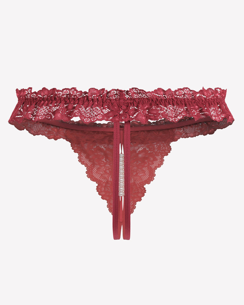 Burgundy lace thong with pearl ball, soft lace and comfortable low waist lingerie