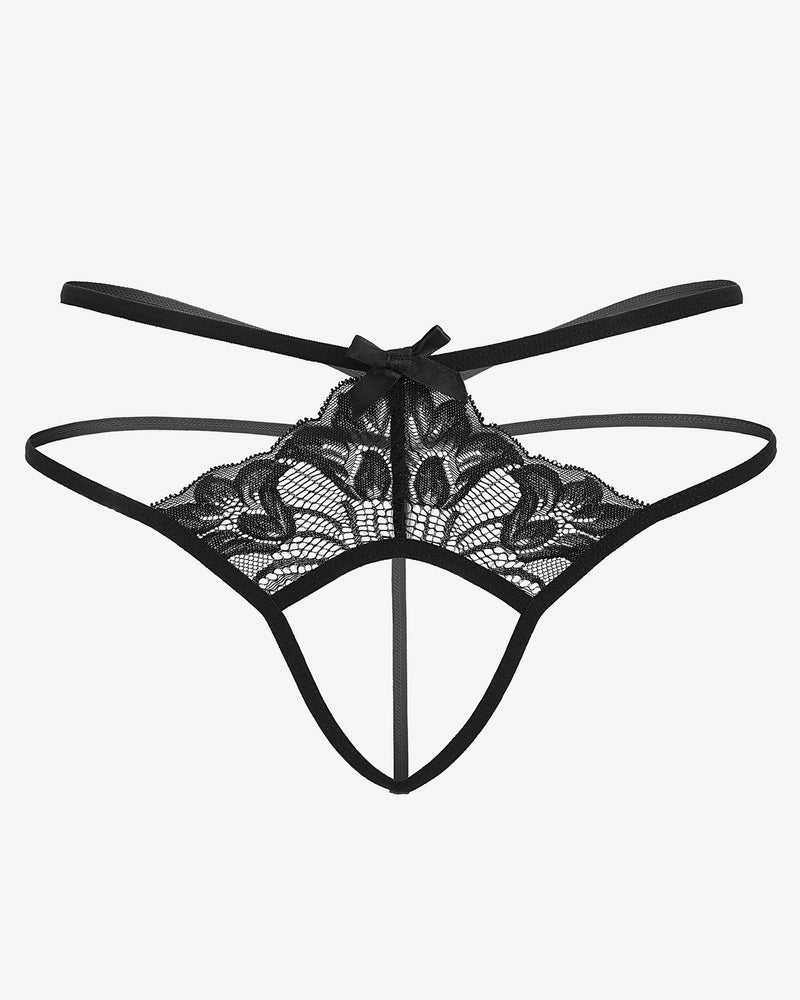 Black lace thong with floral lace details, adjustable straps, and open back design