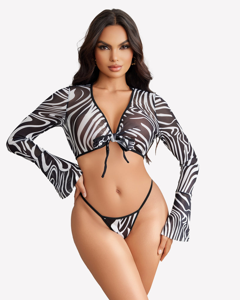 Zebra print sheer crop top and G-string set with flared sleeves, sexy lingerie for women