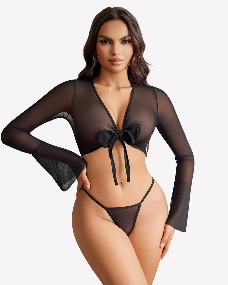 Black sheer crop top and G-string set with tie front and flared sleeves, sexy lingerie for women