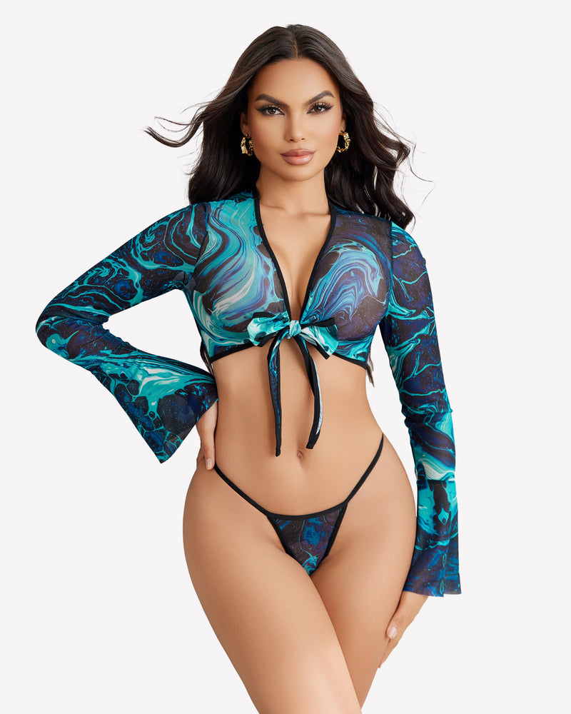 Teal and navy blue mesh crop top and G-string set with tie front and flared sleeves, sexy lingerie