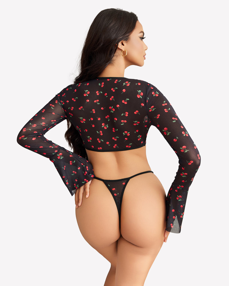 Black cherry print sheer crop top and G-string set with flared sleeves, sexy lingerie for women