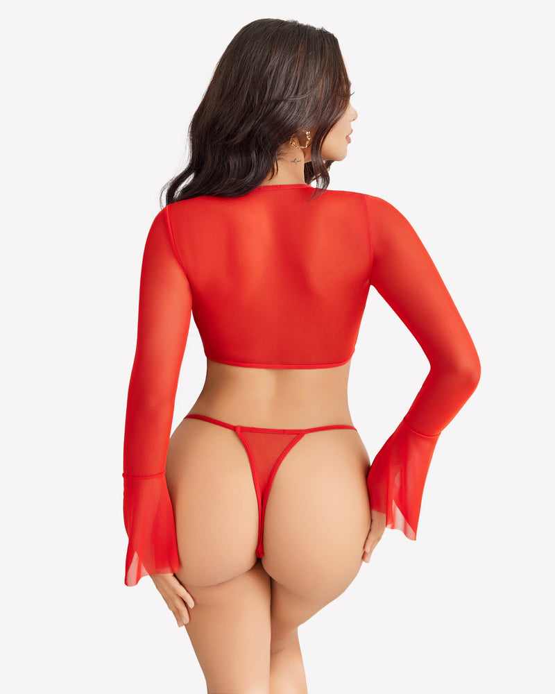 Red mesh crop top and G-string set with flared sleeves, perfect for a sexy and confident look.
