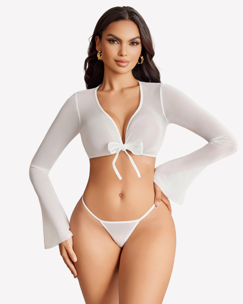 White sheer crop top and G-string set with tie front and flared sleeves, sexy lingerie for women