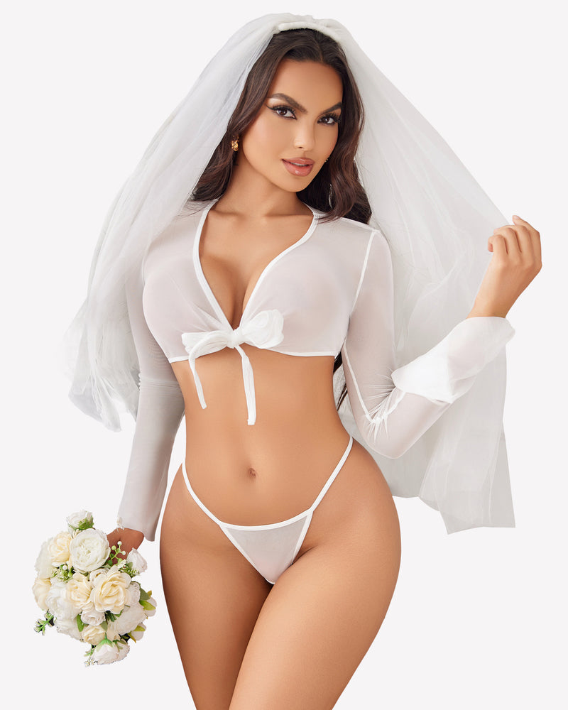 White sheer bridal lingerie set with tie front crop top, flared sleeves, and G-string.