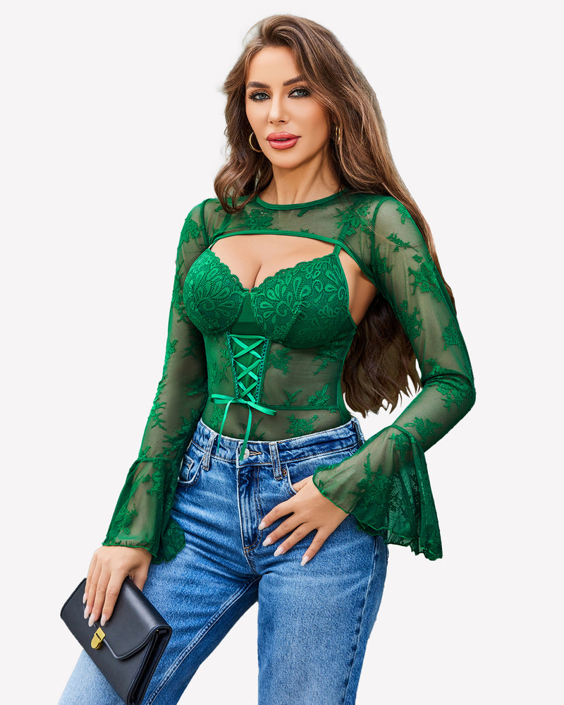 Green lace bodysuit with crop top and sheer sleeves. Sexy lingerie for a confident look.