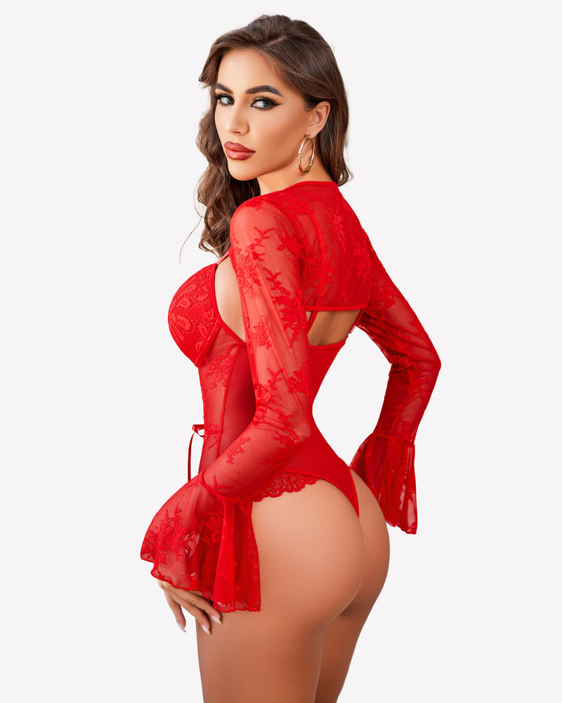Red lace bodysuit with crop top and sheer sleeves. Sexy lingerie for a confident look.