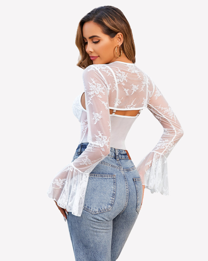 White lace bodysuit with crop top and bell sleeves, paired with blue jeans. Sexy lingerie for women.