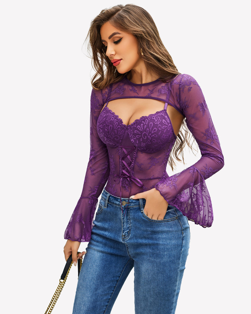 Purple lace bodysuit with crop top, sheer sleeves, and lace-up detail. Sexy lingerie.