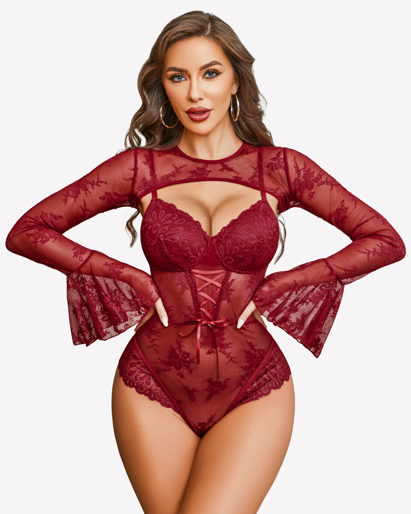 Burgundy lace bodysuit with crop top, sheer sleeves, lace-up detail. Sexy lingerie.
