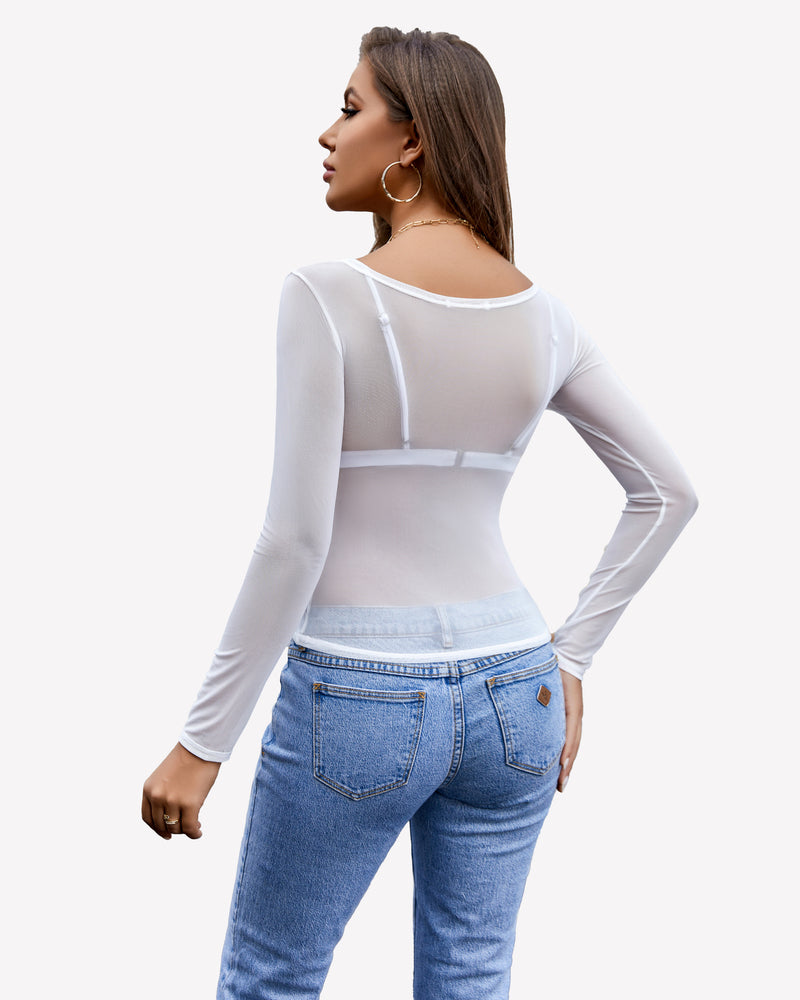 White mesh long sleeve blouse with scoop neck, paired with blue jeans; sexy and stylish.