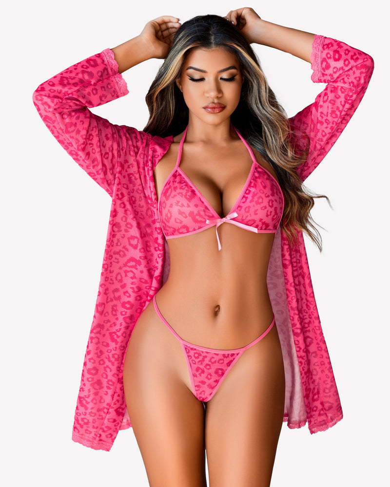 Pink leopard print lingerie set with robe, bra, and thong. Sexy mesh lingerie for women.