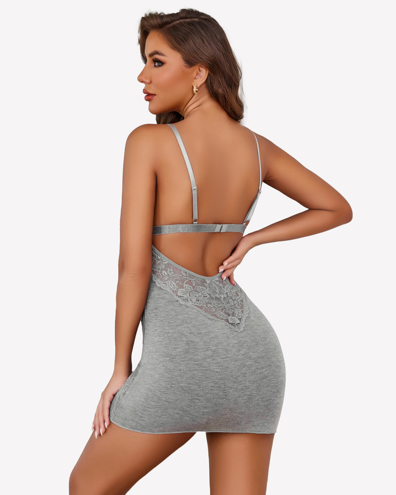 Grey lace chemise slip nightie with lace back, Avidlove lingerie, for a sensual night.
