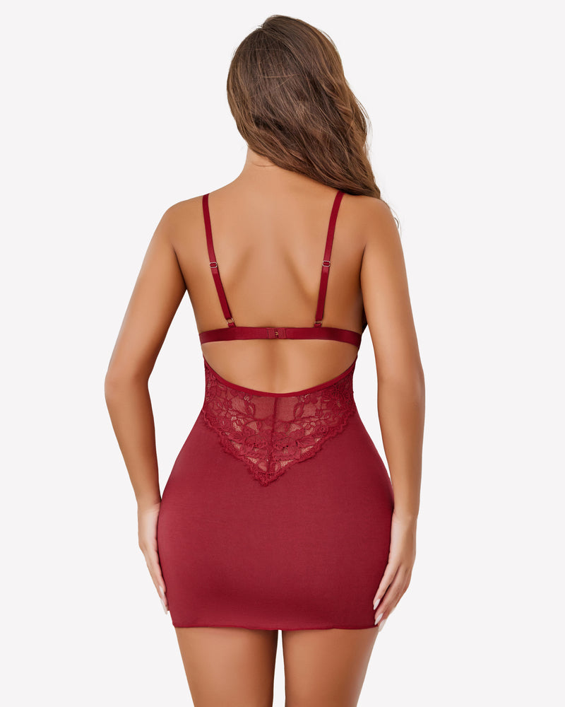 Burgundy Avidlove chemise slip nightie with lace back and adjustable straps