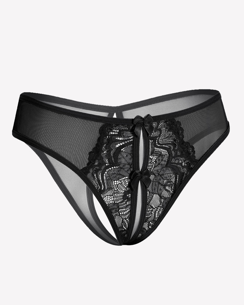Black mesh panties briefs with lace detailing and a cute bow, designed for charm and comfort.